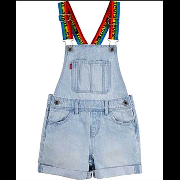 Levi's Girls Rainbow Logo Strap Cotton Denim Shortalls - Picture 1 of 8